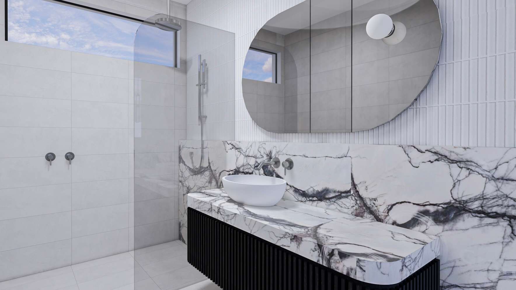 A bathroom with a veined marble vanity, a black fluted cabinet and a walk-in shower.