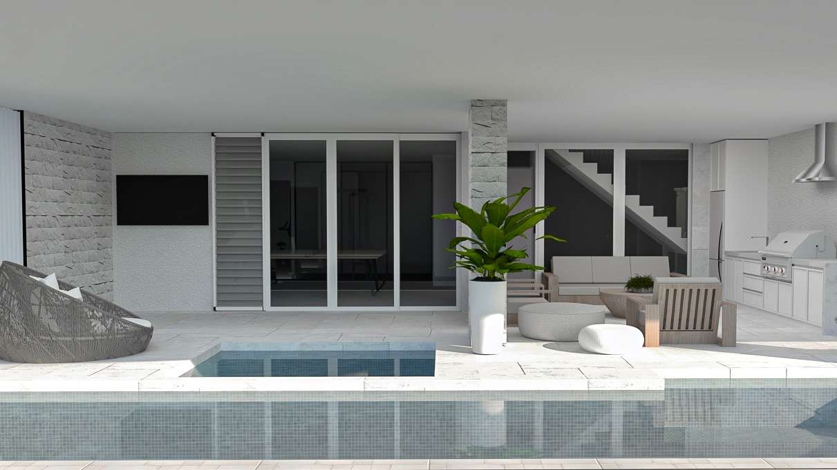 A poolside alfresco area with an outdoor kitchen, lounge seating and a plunge pool.