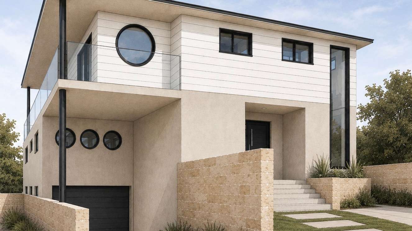 A two-storey home facade with pale cladding, round windows and a sandstone block garden wall.