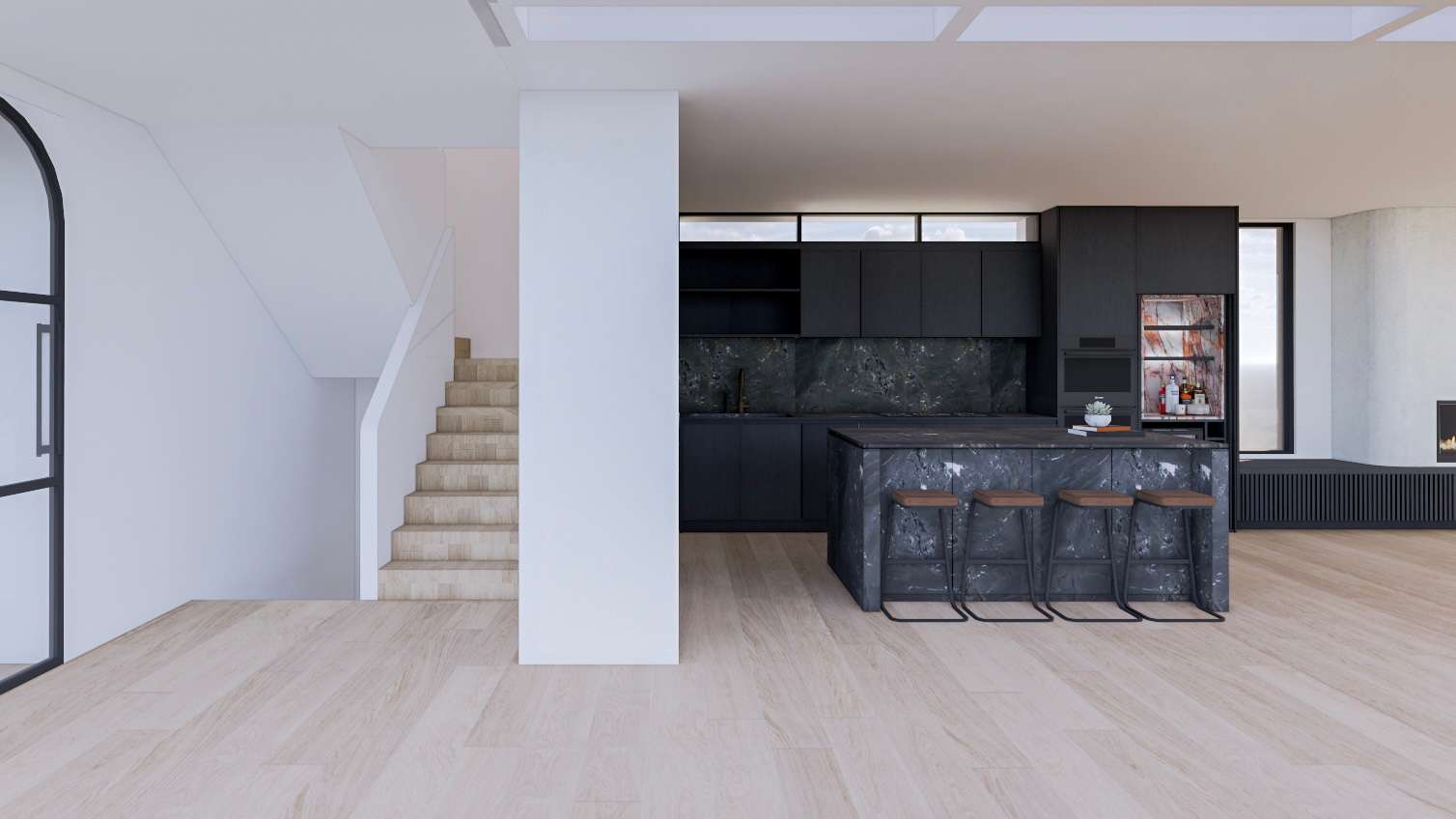 An open-plan kitchen with black joinery, a dark marble island and a sculptural staircase.