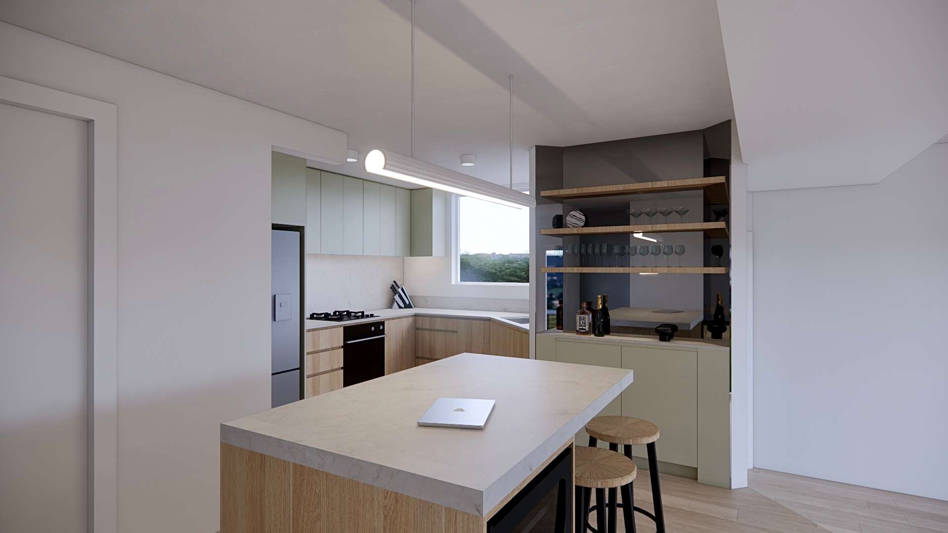 Render of a kitchen with a pale stone island and stools, open shelves beside the window
