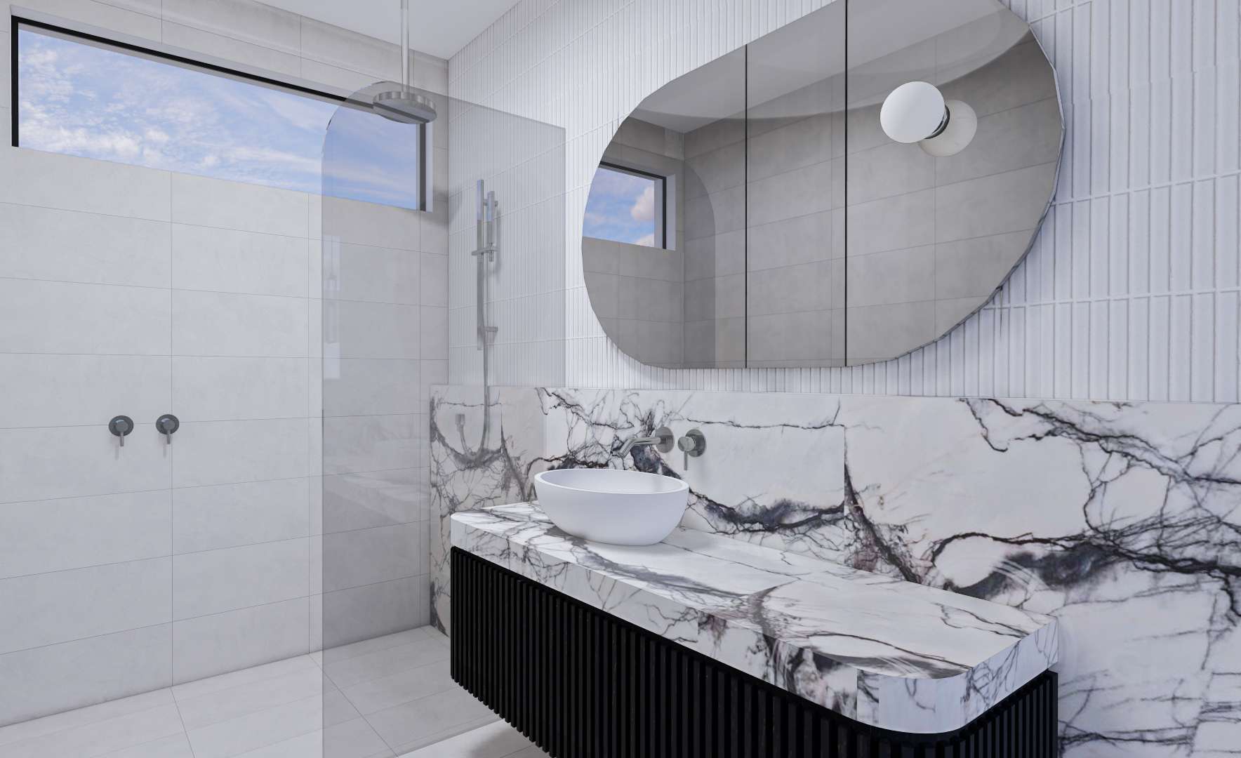 Render of a bathroom with a black vanity under a marble top and an oval mirror