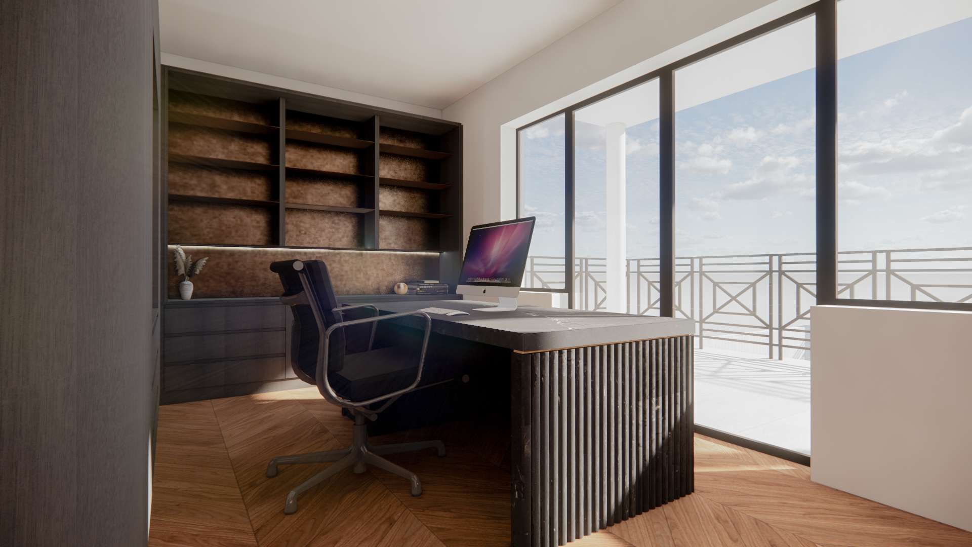 Render of a home office with built-in timber shelves and full-height windows to a balcony