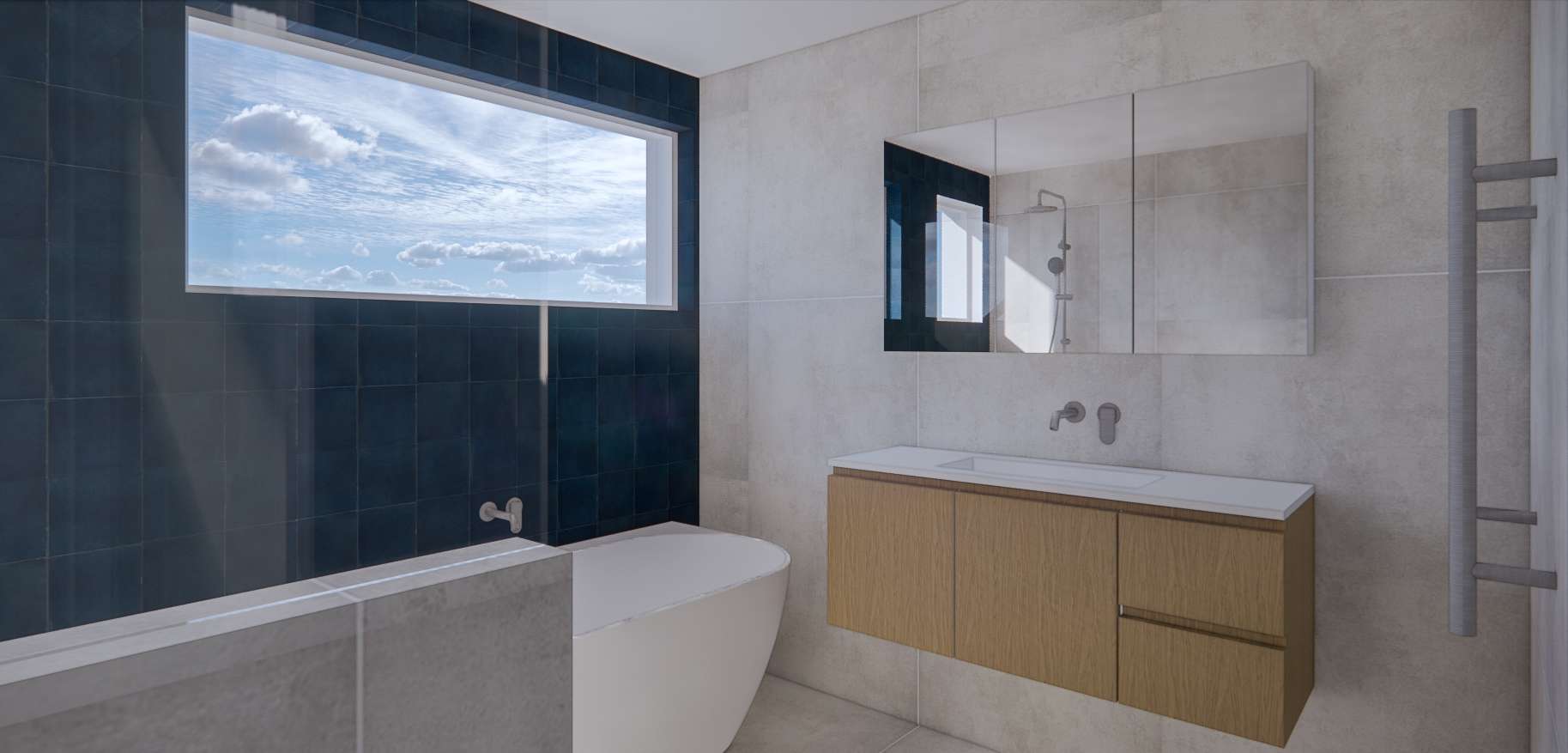 Render of a bathroom with navy tiles, a freestanding bath and a timber vanity