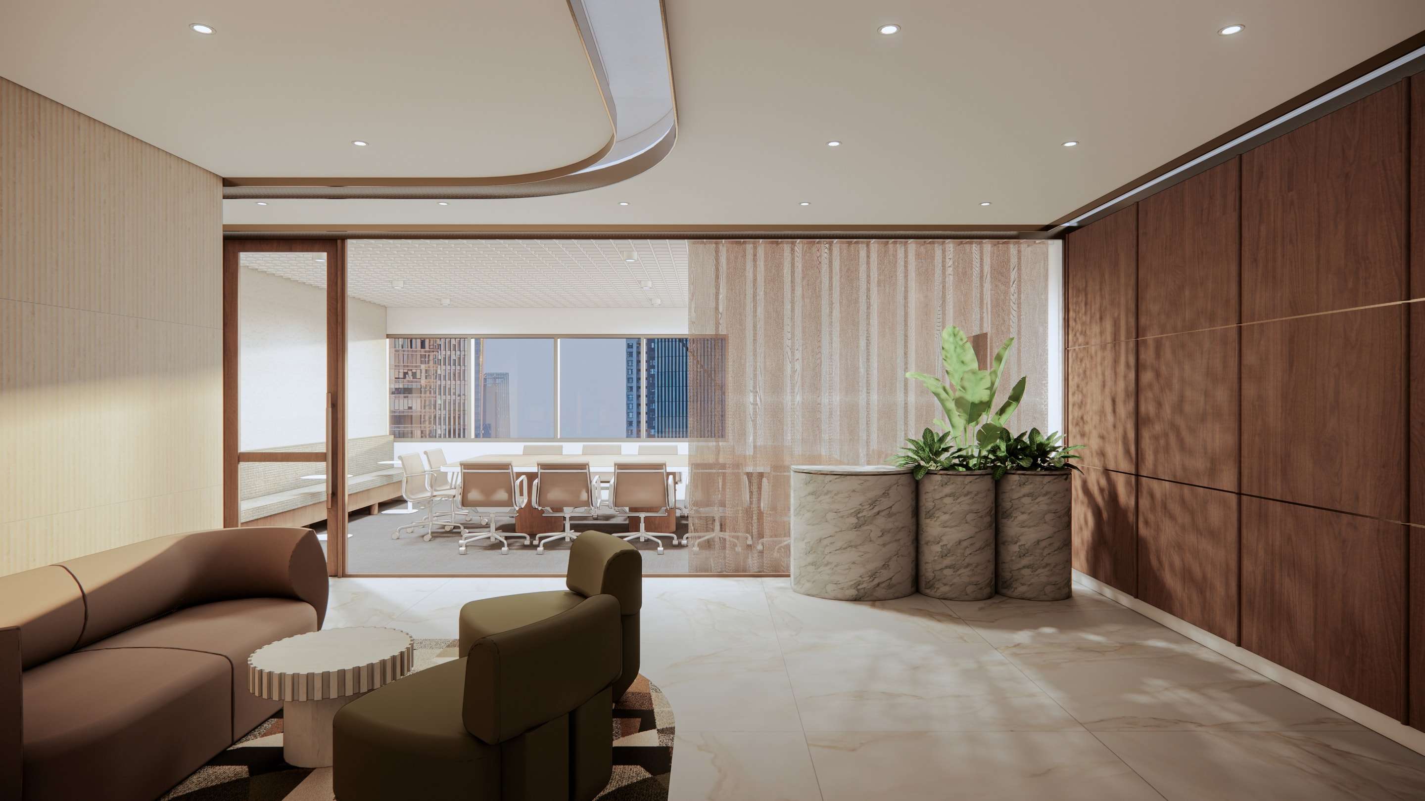 Render of a lounge with a curved ceiling and a timber-panelled wall, a meeting table beyond