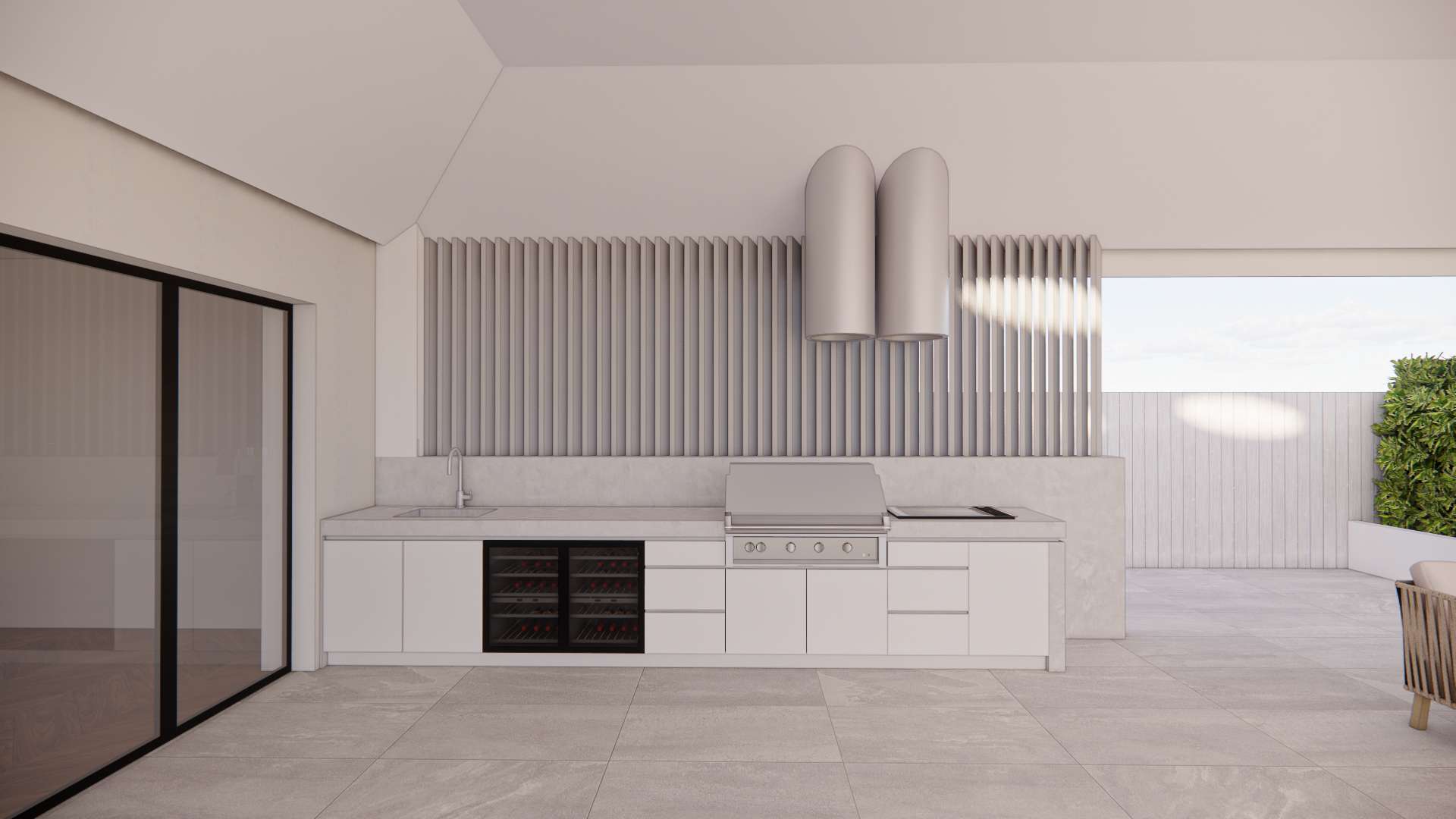 Render of an outdoor kitchen with a barbecue against a slatted wall