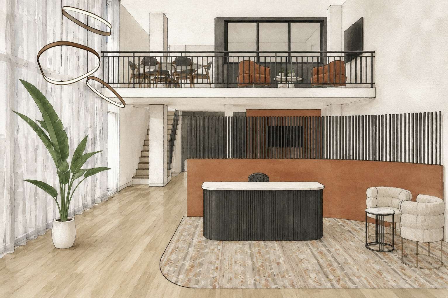 Hand-drawn render of a double-height room with a mezzanine and a curved counter