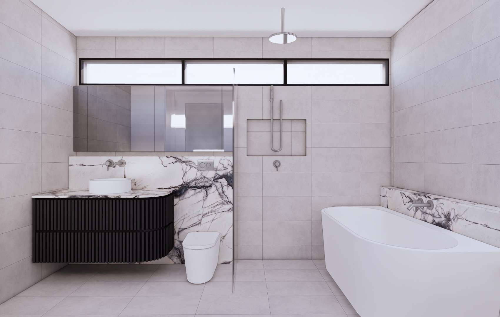Render of a bathroom with a black vanity, marble walls and a freestanding bath