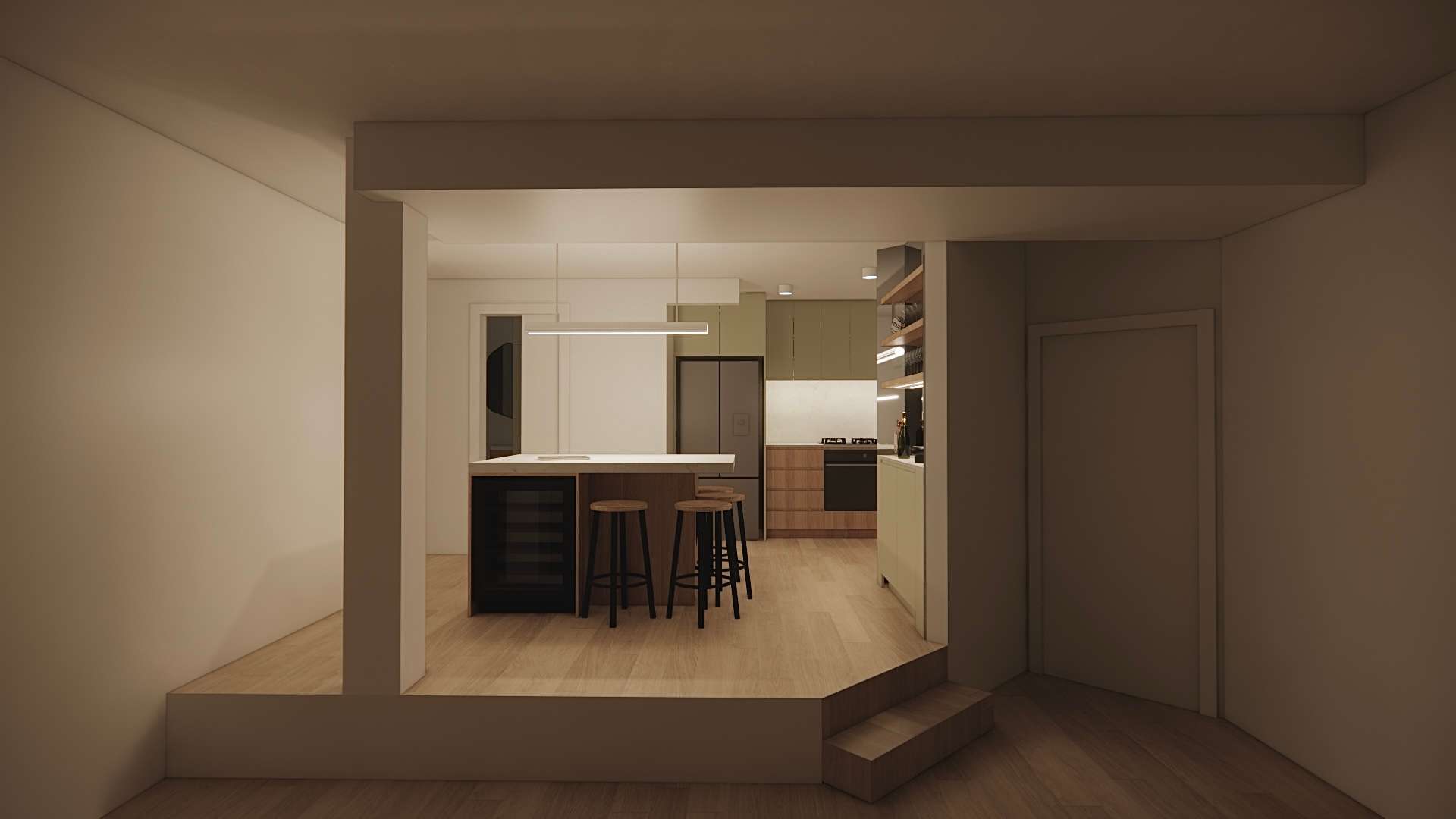 Render of a kitchen seen through a wide opening, stools at a dark island
