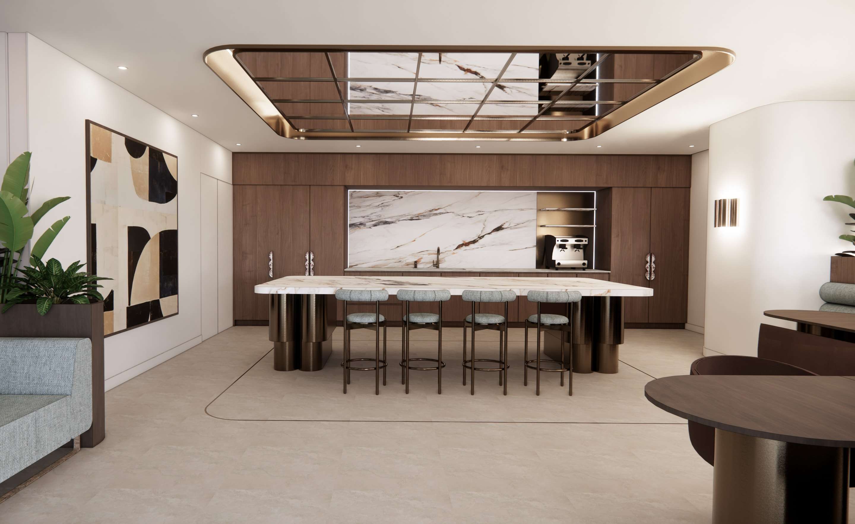 Render of a kitchen with a long marble island, timber cabinetry and a coffered ceiling