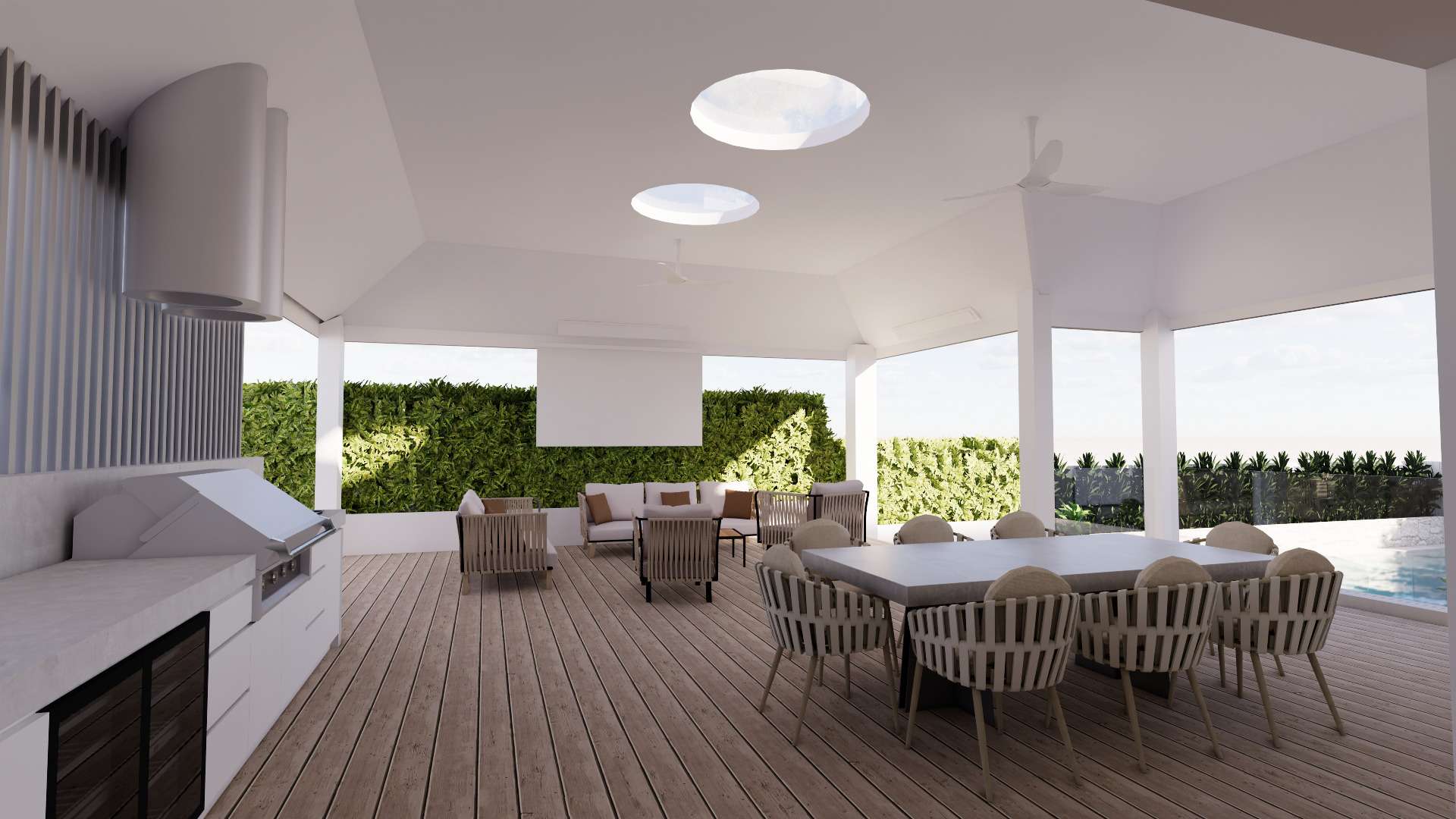 Render of a covered terrace with a long dining table, round skylights and a green wall