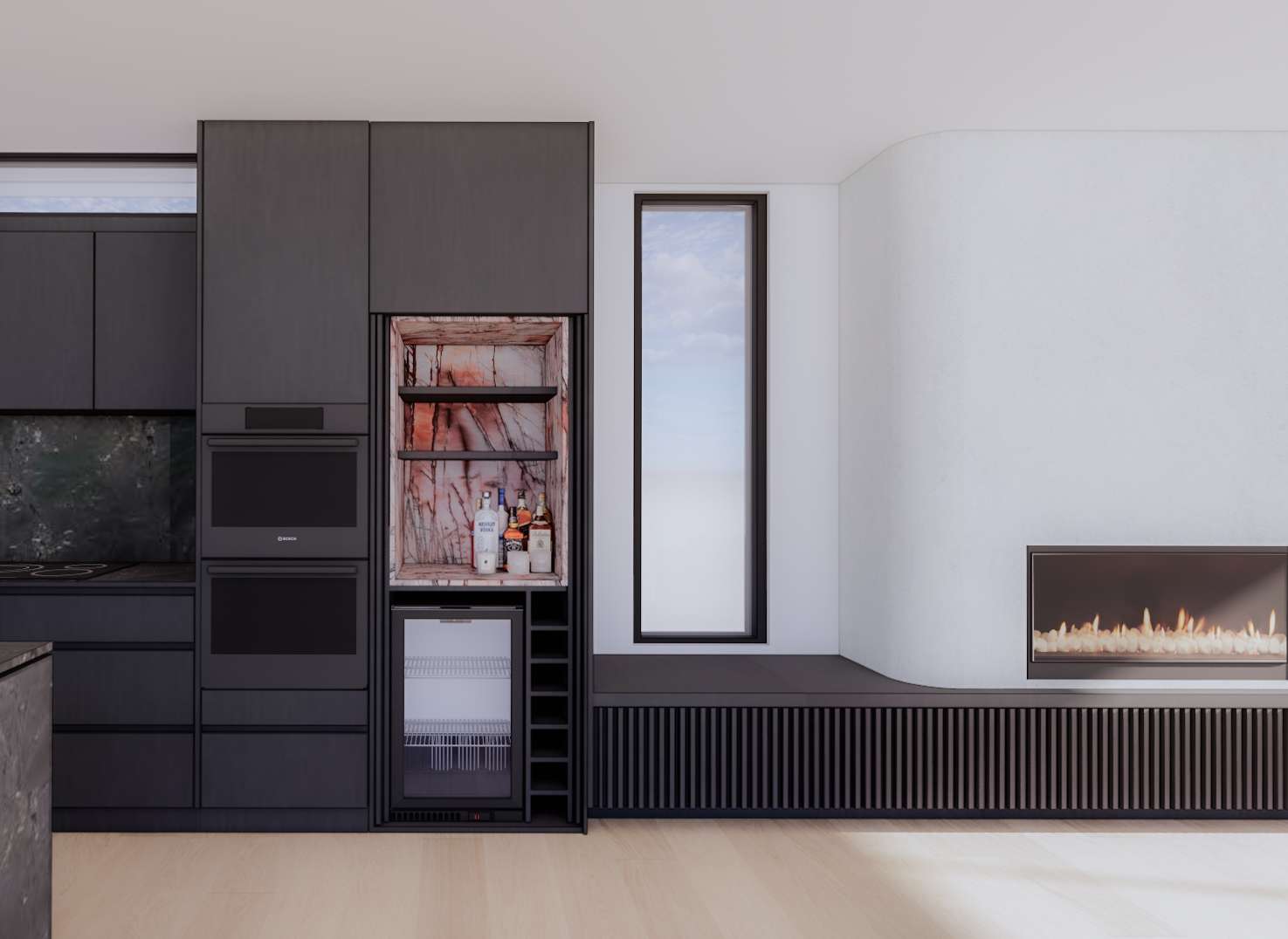 Render of a living room with dark joinery, a wine fridge and a long fireplace