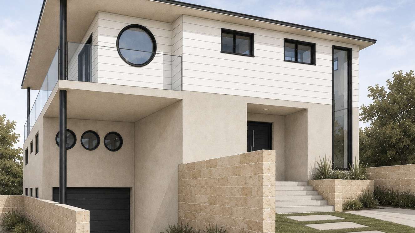 Render of a two-storey home with round windows, seen from the street