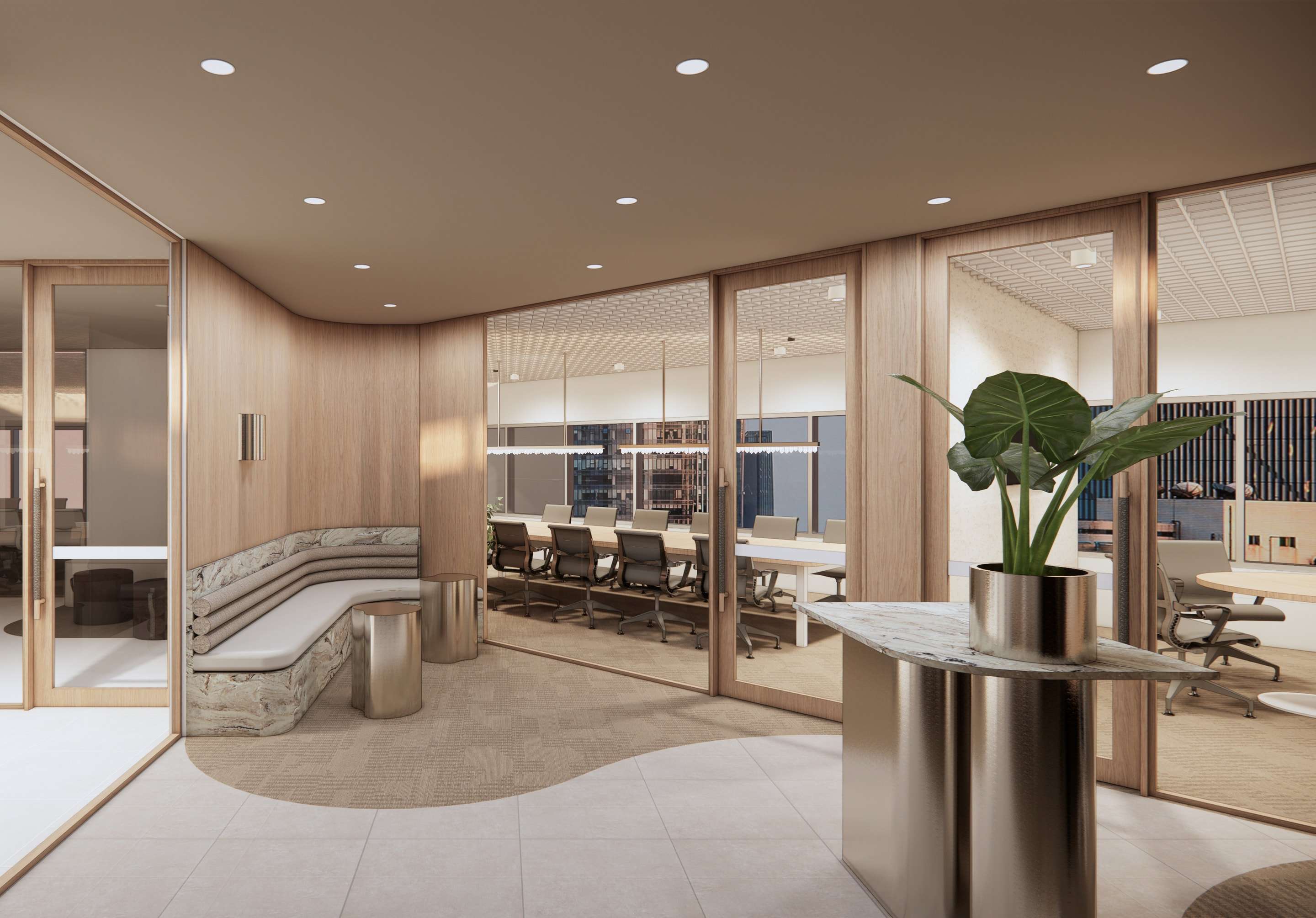 Render of a curved timber lounge with banquette seating and a meeting room behind glass
