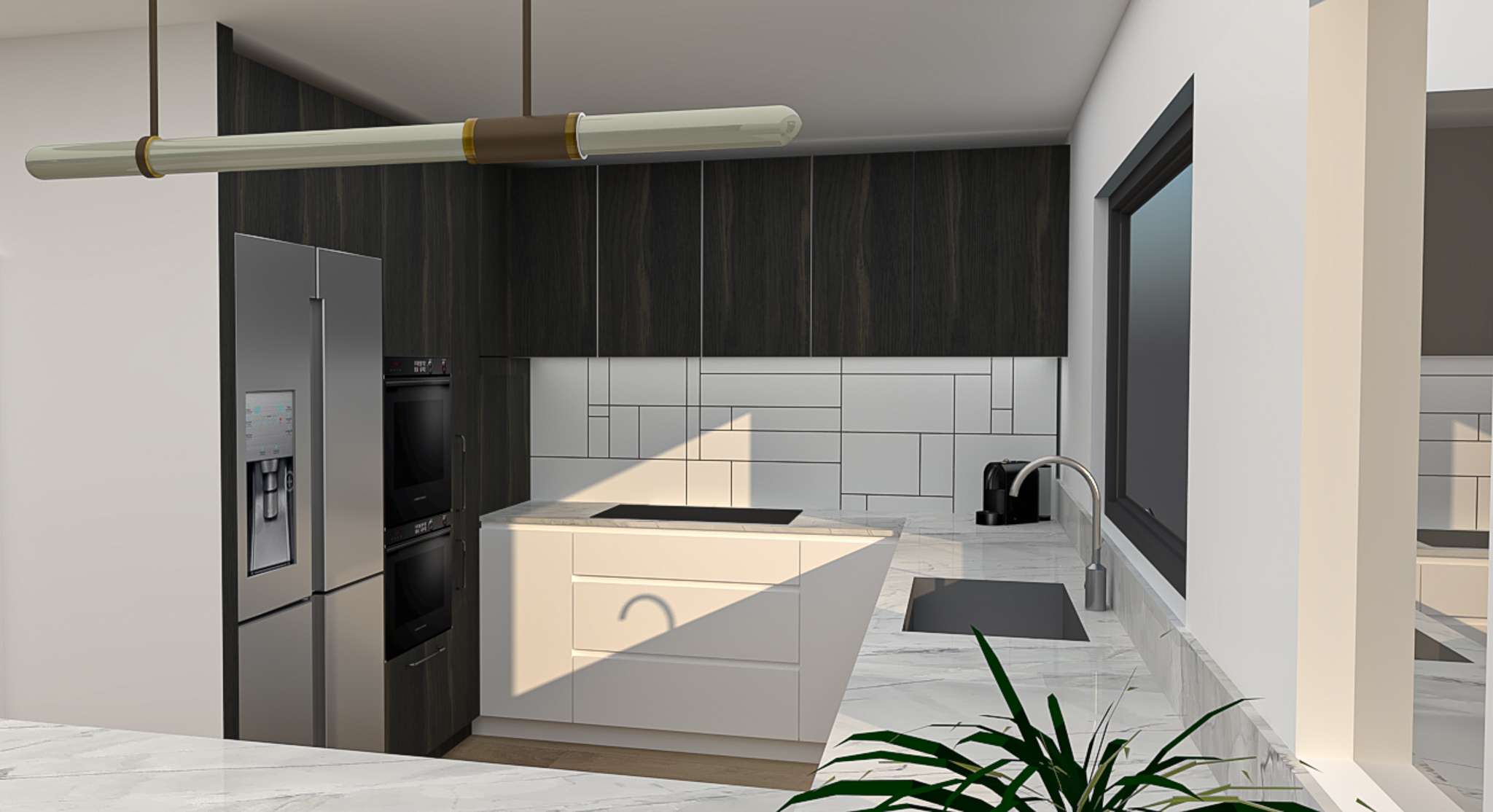 Render of a kitchen with tall dark cabinets, a white island and a black sink