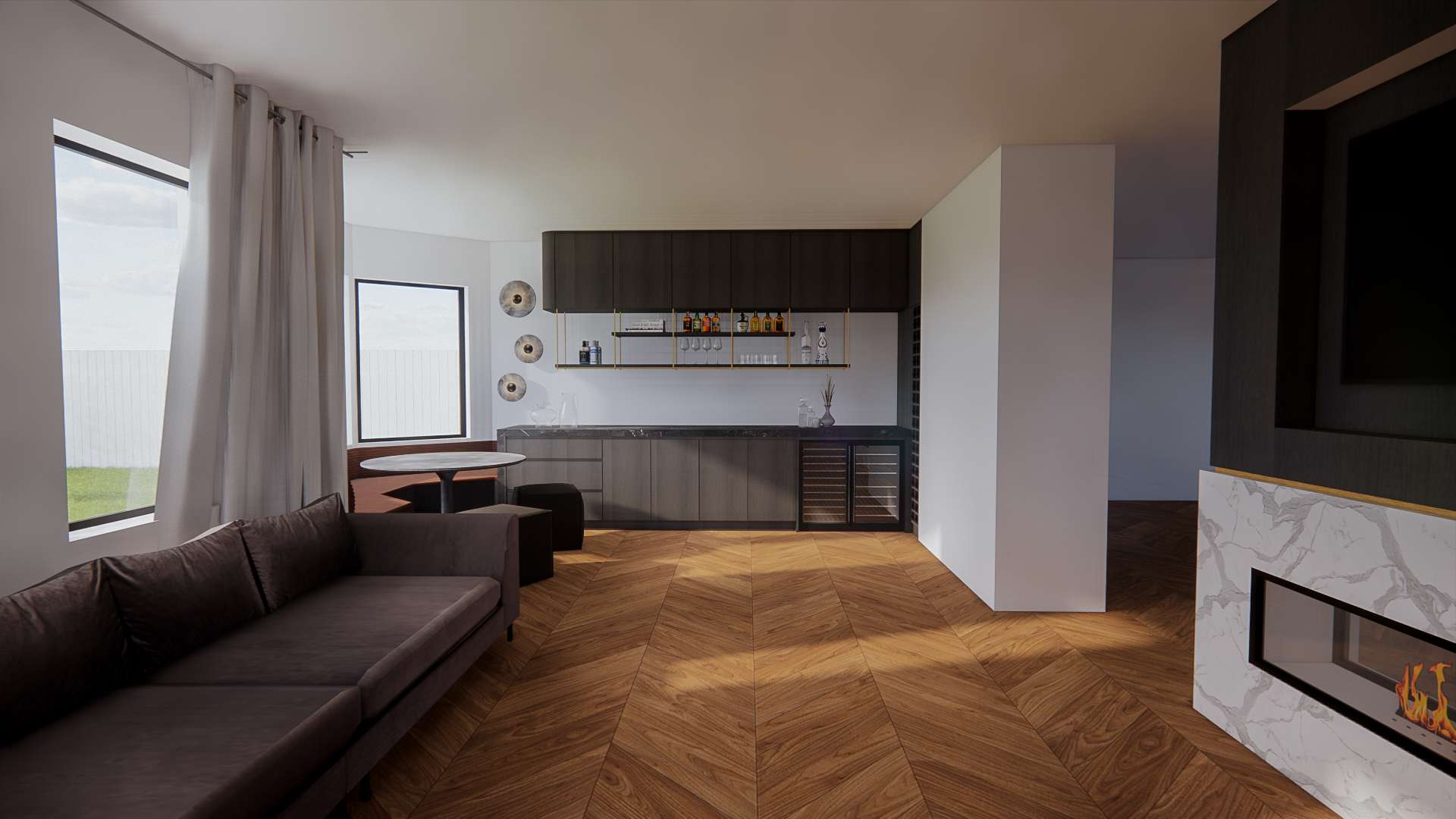 Render of a living room with a leather sofa, herringbone floor and a marble fireplace